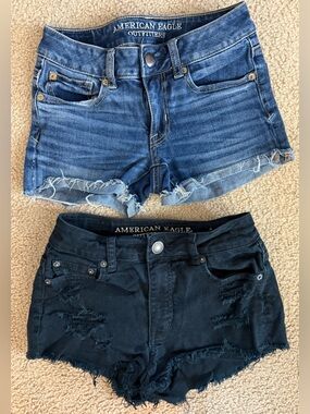 American Eagle Outfitters Blue Denim & Black Distressed Jean Shorts
